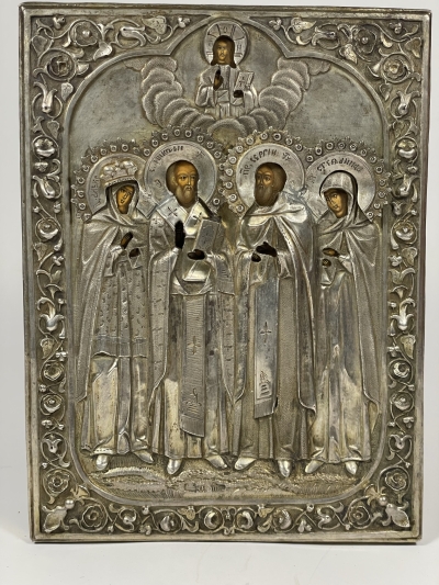 1864 Russian Icon of 4 Saints: St. Alexandra of Rome, St. Nicholas of Myra. St. Sergius of Radonezh &amp; St. Stephanida of Damascus