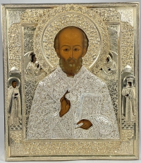 Spectacular Russian Icon - St. Nicholas the Wonderworker of Myra in silver revetment cover with 2 border saints
