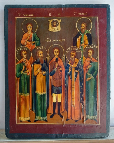 Russian Icon - St Michael the Archangel &amp; 6 Selected Saints - Sts Simon, Gury &amp; Aviv, Moses, Boniface, Niphont