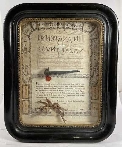 1870 Documented reliquary frame with facsimile relic of the Holy Nail of Jesus Christ