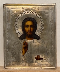 Russian icon - Christ Pantocrator in silver revetment cover