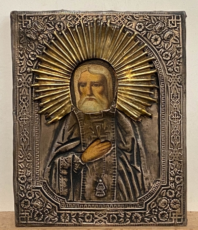 Russian Icon - St. Seraphim of Sarov in brass revetment cover