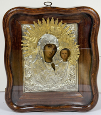 Russian Icon - Our Lady of Kazan in silvered brass cover and kiot frame