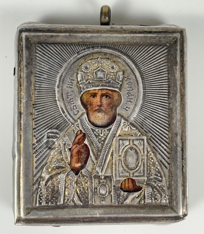 Small Russian Icon - St. Nicholas the Miracleworker in silver cover