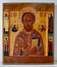 Russian Icon - St. Nicholas the Wonderworker of Myra with 4 border saints