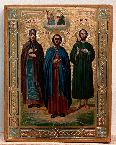 Russian Icon - Three Saints - St. Melania, St. Cosmas &amp; St. Alexius Man of God