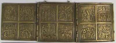 Russian 3-Panel Folding Skladen Travel Icon of “The Twelve Principal Feasts.”
