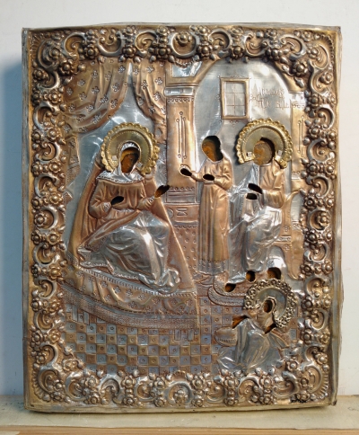 Russian Icon - The Nativity of the Virgin Mary in brass revetment cover