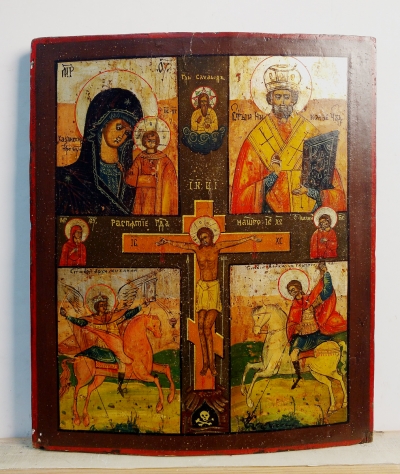 Russian Icon - icon depicting the Crucifixion, Our Lady of Kazan, St. Nicholas, St. Michael, and St. George