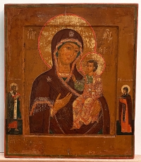 Russian Icon - Our Lady of Iveron with 2 border Saints