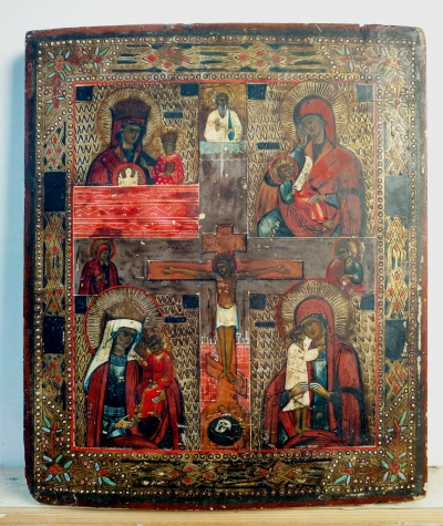 4-Panel Russian Icon: The Crucifixion and 4 Miracleworking Madonnas