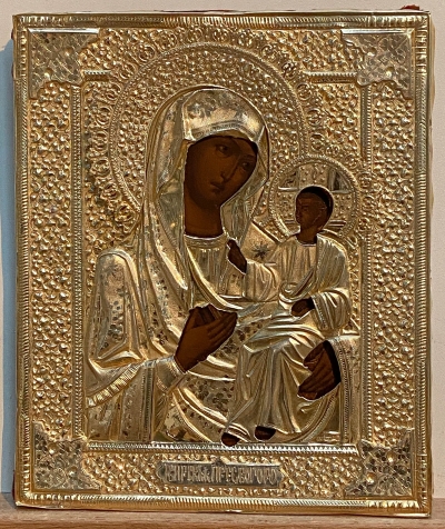 Russian Icon - Our Lady of Iveron in gilt silver revetment cover