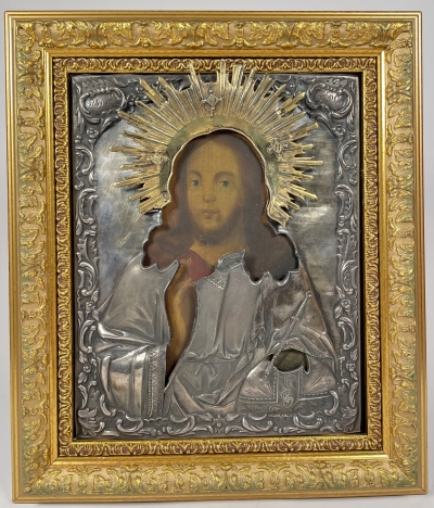 1849 Russian Icon - Christ Pantocrator in silver revetment cover