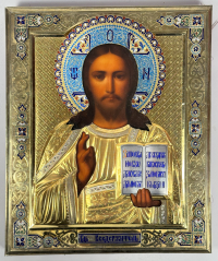 Russian Icon - Christ Pantocrator in silver and enamel revetment cover
