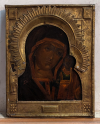 Russian Icon - Our Lady of Kazan in brass revetment cover