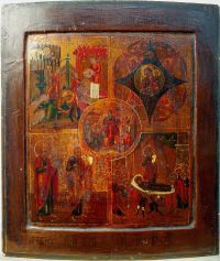 Russian four-part icon depicting Descent to the Hades, Severing Head of Saint John the Baptist, Our Lady of the Unburnt Bush, and The Dormition of Theotokos