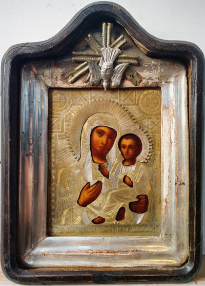 Russian Icon - Our Lady of Tikhvin in brass oklad and kiot frame