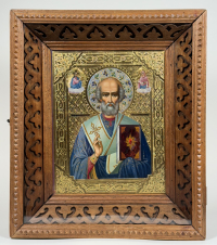 Russian Icon - St. Nicholas of Myra glass-fronted kiot frame
