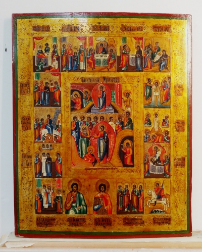 Russian Icon - Great Orthodox Feasts with Anastasis and Selected Saints