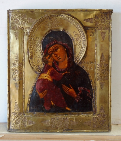 Russian Icon - Our Lady of Vladimir in brass oklad