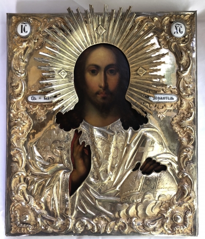 Russsian Icon - Christ Pantocrator in silver oklad revetment cover