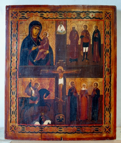 4-Part Russian Icon with Crucifixion, Our Lady of Tikhvin, St. George and 6 selected Saints