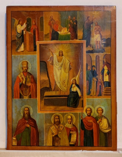 Russian Icon - The Resurrection, the Annunciation, The Nativity, The Baptism of Christ, St. Nicholas, Sts. Elijah &amp; Theodore, Sts. Florus &amp; Laurus