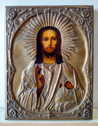 Russian icon - Christ Pantocrator in brass oklad cover