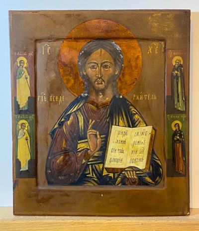 Russian Icon - Christ Pantocrator with 4 border saints