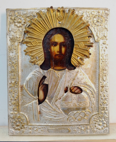 Russian Icon - Christ Pantocrator in brass oklad