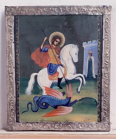Russian Icon - St. George Slaying the Dragon in silver frame