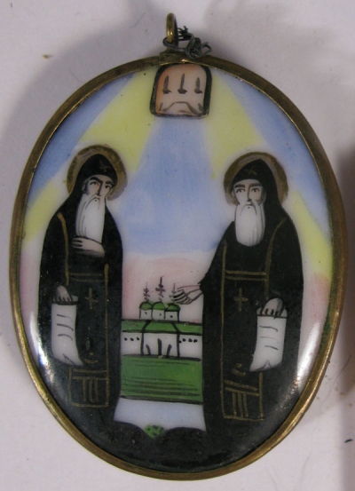 Russian Religious Finift Porcelain Placquette of St. Sergius and St. German of Radonezh