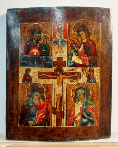 Russian icon - 4-Panel icon: The Crucifixion and 4 Miracleworking Madonnas