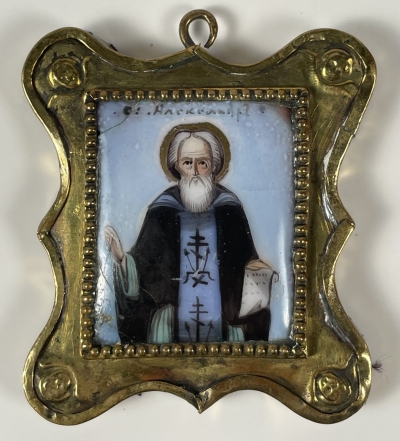 Small Russian Finift Porcelain icon - St. Alexander of Svir