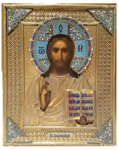 Russian Icon - Christ Pantocrator in silver and enamel oklad revetment cover