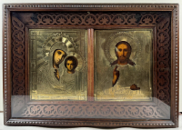 Wedding Pair of Russian Icons - Christ Pantoractor &amp; Our Lady of Kazan in revetment covers and kiot frame