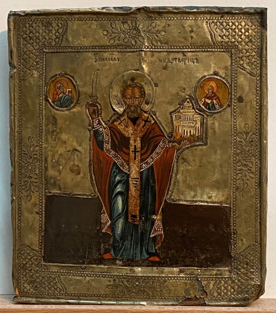 Russian Icon - Saint Nicholas of Mozhaisk in brass revetment cover