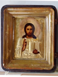 Russian icon - Christ Pantocrator in brass oklad cover and kiot