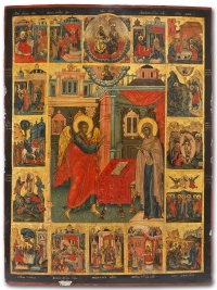 18с Russian Church Icon of the Annunciation of Our Lady with Church Feasts