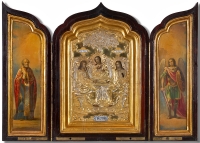 Spectacular Russian Triptych Icon depicting Old Testament Trinity with St. Nicholas and Archangel Michael